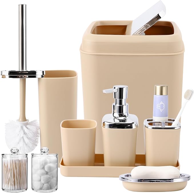 XLHOMO Beige Bathroom Set, Plastic 9-Piece Bathroom Set with Trash Can, Soap Dispenser, Toothbrush Holder, Toothbrush Cup, Soap Dish, Toilet Brush, Tray and Q-tip Holders for Bathroom/Housewarming