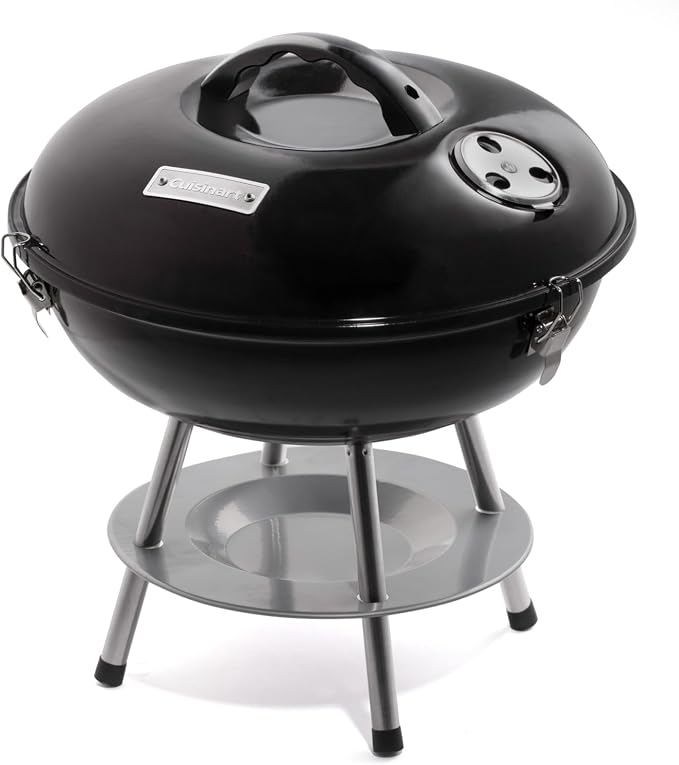 Cuisinart 14" Portable Charcoal Grill, Tabletop Outdoor Small Grill with Locking Lid and Dual Vents, Chrome Plated Travel Size BBQ Perfect for Camping, Tailgates, Cookouts, Black