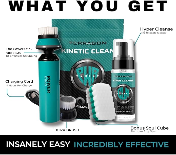 Terragon Kinetic Cleanse Shoe Cleaning Kit with Electric Shoe Cleaner Brush - Hyper Cleanse Remove Tough Stains from Leather, Nubuck, Fabric Shoes - Bonus Shoe Cube for Soles, Color-safe, Solvent-free