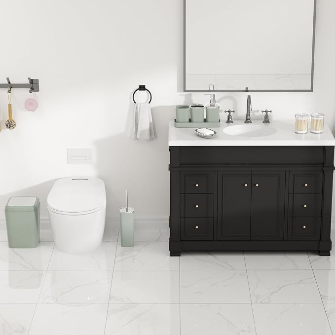 XLHOMO Bathroom Set, Bathroom Accessory Set, Sage Green Bathroom Accessories Set with Press-on Lid Bathroom Trash Can, Soap Dispenser, 9PC Bathroom Accessory Set for Home