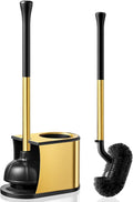 HAMITOR Toilet Plunger and Brush Set: 2 in 1 Stainless Steel Combo with Curved Bristles - Heavy Duty Toilet Unclogging for Family Bathroom - Compact Hideaway Apartment Cleaning Accessories - Gold