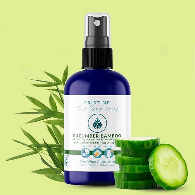 PRISTINE Toilet Paper Spray, As Seen on Shark Tank, Flushable Wipe Alternative, Personal Cleansing Bathroom Spray for Regular Toilet Tissue, Bidet Alternative, Made in USA, Cucumber Bamboo, 32oz