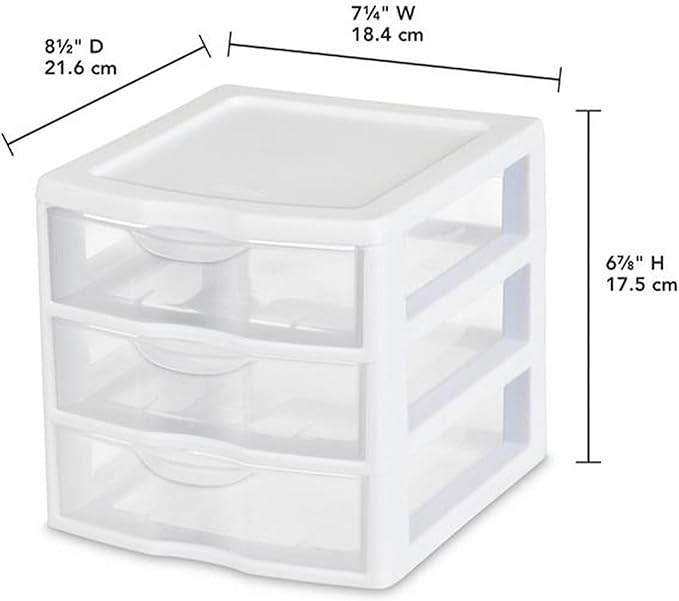 Sterilite Clearview Plastic Multipurpose Small 3 Drawer Desktop Storage Organization Unit for Home, Classrooms, or Office Spaces, White, 6 Pack