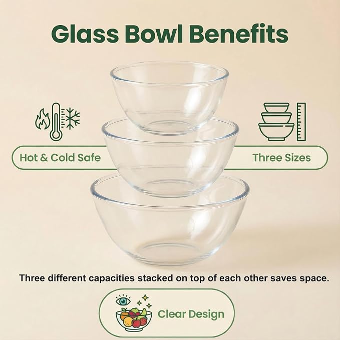 Borosilicate Glass Mixing Bowls Set of 3 (2.8, 2.2, 1.1QT) - Heavy Duty, Scratch Resistant, Non-Toxic & Lead-Free – Oven/Microwave/Dishwasher/Freezer Safe – Ideal for Meal Prep, Baking & Serving