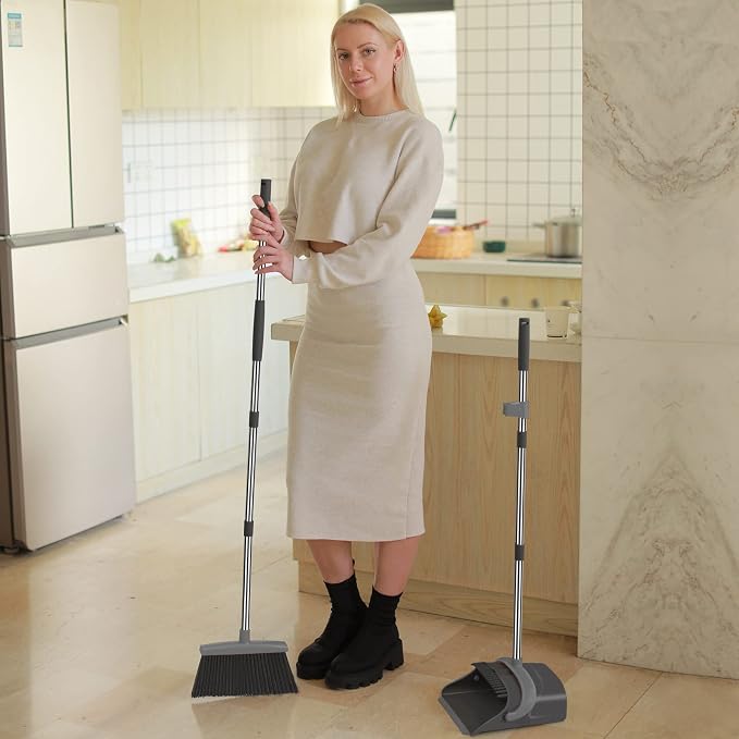 Ivandar Broom and Dustpan Set, Dust pan with Long Handle, Broom with Dustpan Combo Set, Broom and Dustpan for Home, Indoor or Outdoor Cleaning Tool (Deep Gray&Light Gray)