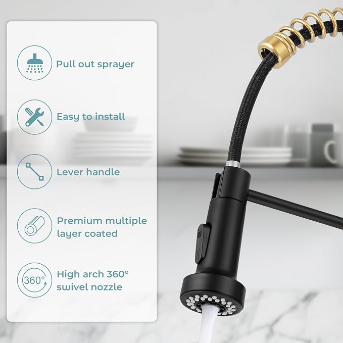 Kitchen Faucet with Pull Down Sprayer Brush Gold&Black | 2-mode sprayer, 360° high arc spout, 304 SS build, drip-free valve, fingerprint-resistant, DIY install, NSF certified
