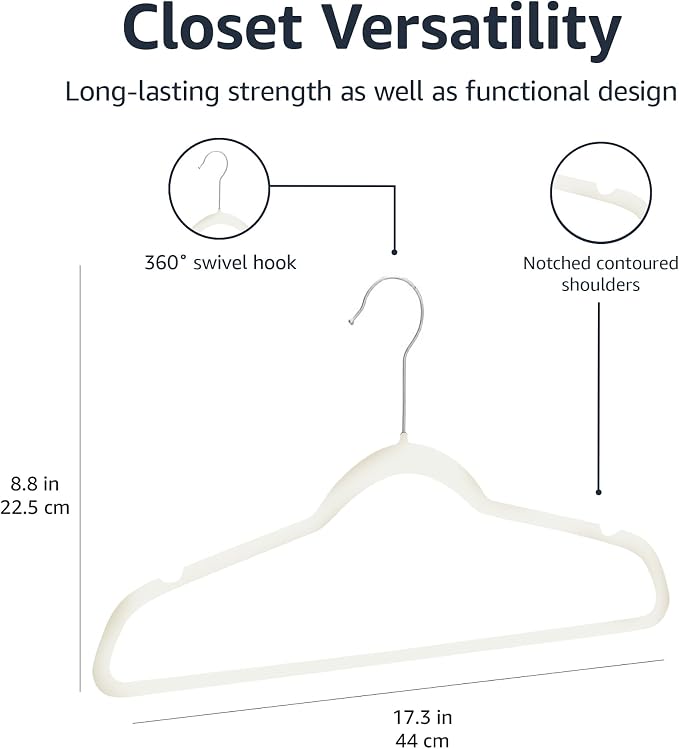 Amazon Basics Slim Velvet Non-Slip Space Saving Suit Clothes Hangers with Shoulder Notches for Closet Organization, Ivory/Silver, 50-Pack