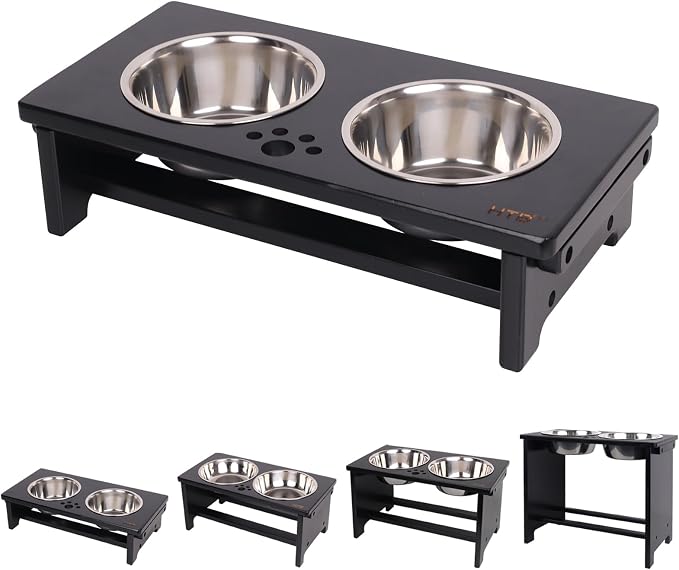 HTB Elevated Dog Bowl Stand with 2 Stainless Steel Bowls-4" H Small Black | Raised Dog Bowl Stand, 4"tall, 21 Oz Bowls, for Small Sized Dogs, Pet-safe, Solid Bamboo