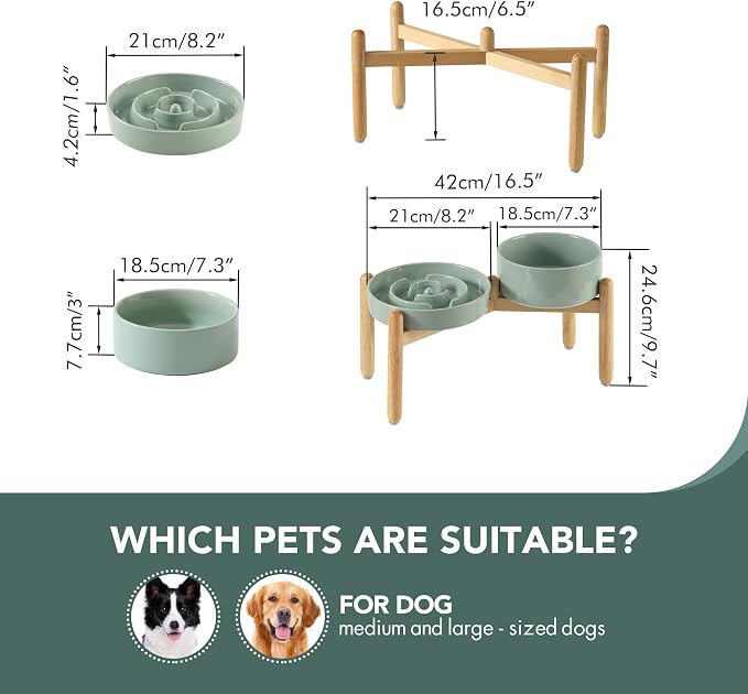 Havniva Elevated Slow Feeder Dog Bowls, Ceramic Dog Bowl Slow Feeder Set | 1.6 Cups Raised Slow Feeder Dog Bowl for Medium Breed, 7.3” Dog Water Bowl with Wooden Stand, Puzzle Dog Food Bowl, Non-slip