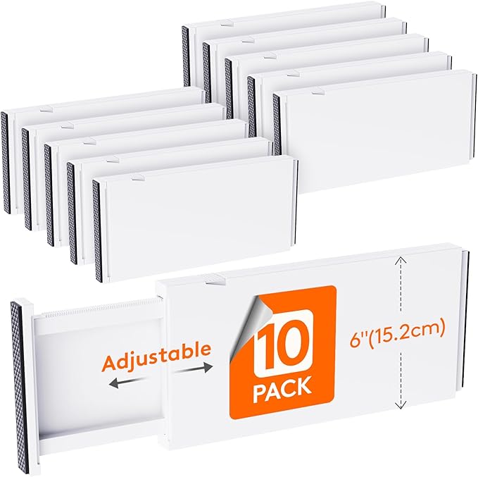 Lifewit 10 Pack 6" High Drawer Dividers 34-56cm/13.5-22" Adjustable Drawer Organizer for Clothes/Utensils, Expandable Drawer Separator in Dresser/Kitchen/Bedroom/Office Organization & Storage White