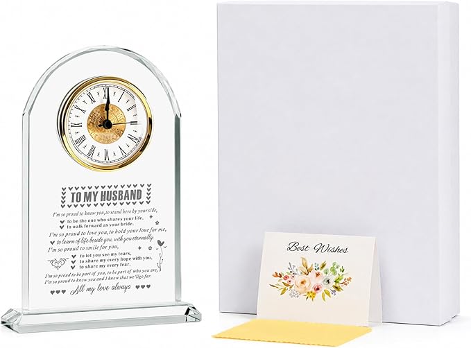 Crystal Glass Clock Gifts for Husband from Wife Romantic Birthday Home Decorations Wedding Anniversary Valentines Day Fathers Day Gift (Battery not Included)