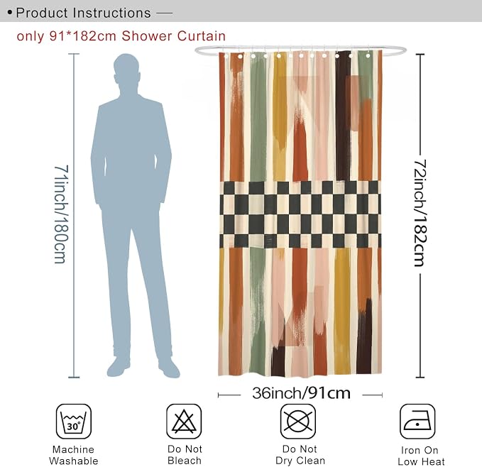 Brush Patterns Stall Shower Curtain, Modern Abstract Checkered Stripes Fall Earth Tones Washable with Hooks Design Print Bath Curtains for Home Bathroom Toile Hotel Decor 36x72 Inch