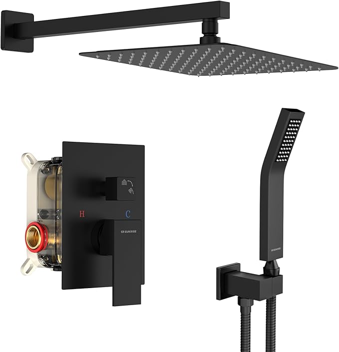 SR SUN RISE Black Square Rainfall Shower Head and Handle Set, Wall Mounted Shower Fixtures, Metal Shower Faucet Trim Repair Kits (With Shower Valve)
