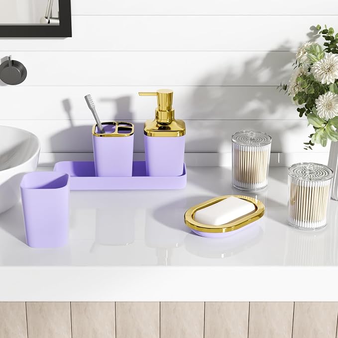 XLHOMO Bathroom Set, 9PC Bathroom Accessory Set, Purple Bathroom Accessories, Purple Bathroom Set, Trash Can, Soap Dispenser for Home Decor