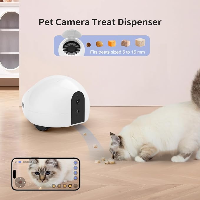 Pet Camera Robot with Treat Dispenser, Moving Cat Camera for Cats & Dogs, Remote Control Pet Monitor with 1080P HD Video, Two-Way Audio, Night Vision, Laser Toy, Auto Recharge & App Control