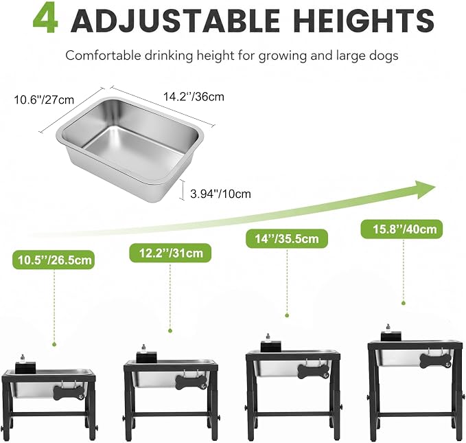 2 Gallon Elevated Large Dog Water Bowl, Automatic Dog Water Bowl Dispenser, 4 Adjustable Height Raised Dog Bowl Stand for Large Breed Relief Joint Pressure, Easy Clean for Indoor & Outdoor Uses
