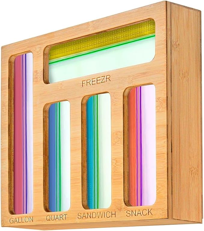 Food Storage Bag Organizer for Kitchen Drawer — Bamboo Plastic Bag Holder with 5 Slots for Gallon, Freezer, Quart, Sandwich and Snack Zip Top Bags, Drawer Organization (13.9 x 11.9 x 3.5 in)