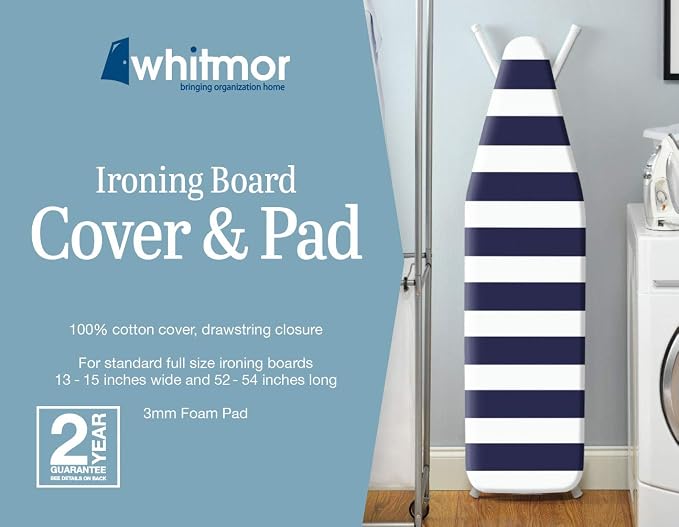 Whitmor Deluxe Ironing Board Cover and Pad, 100% Cotton Iron Board Replacement Cover with Heat-Resistant Surface, Fit for 54" L x 15" W Ironing Boards, (Ironing Board not Included) - White & Blue