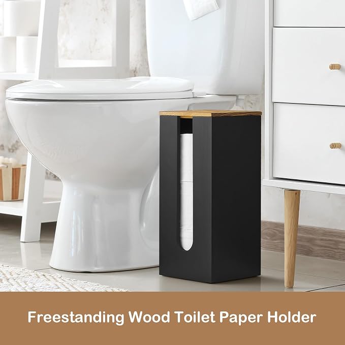OUTNILI Freestanding Toilet Paper Holder Stand with Lid, Black Wooden Toilet Paper Storage Organizer for Bathroom Floor, Rustic Farmhouse Toilet Paper Storage Holds 3 Extra Large Rolls