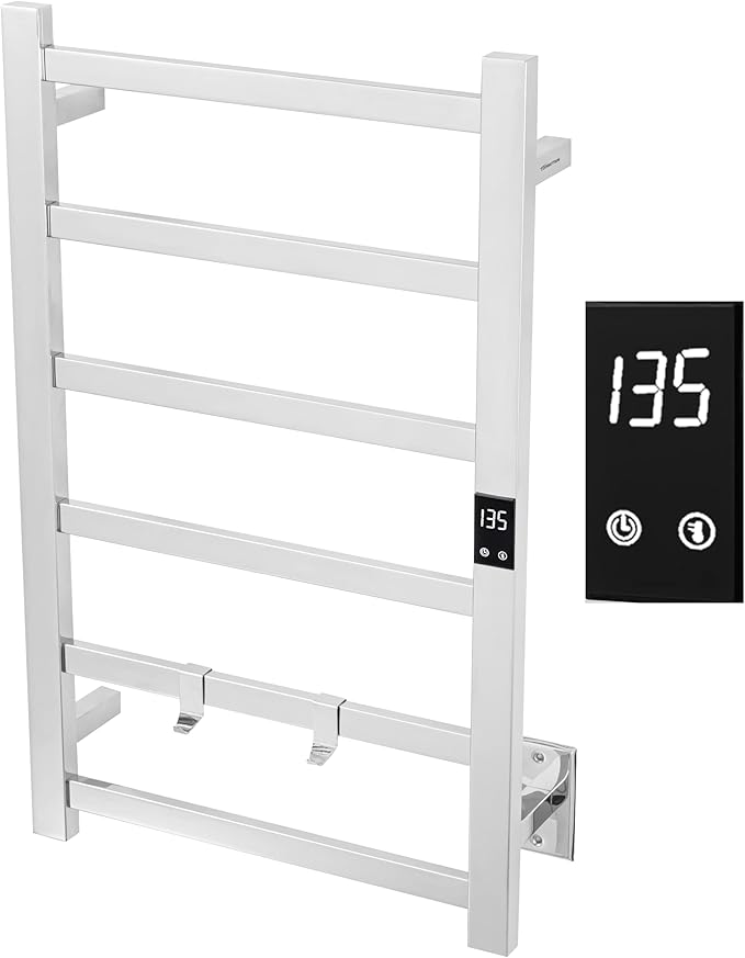 Topdattion Electric Towel Warmer | Super Thin | with Timer & Temperature Multi-Level Adjustments | Hardwired & Plug-in | 6 Bar Polished Finish