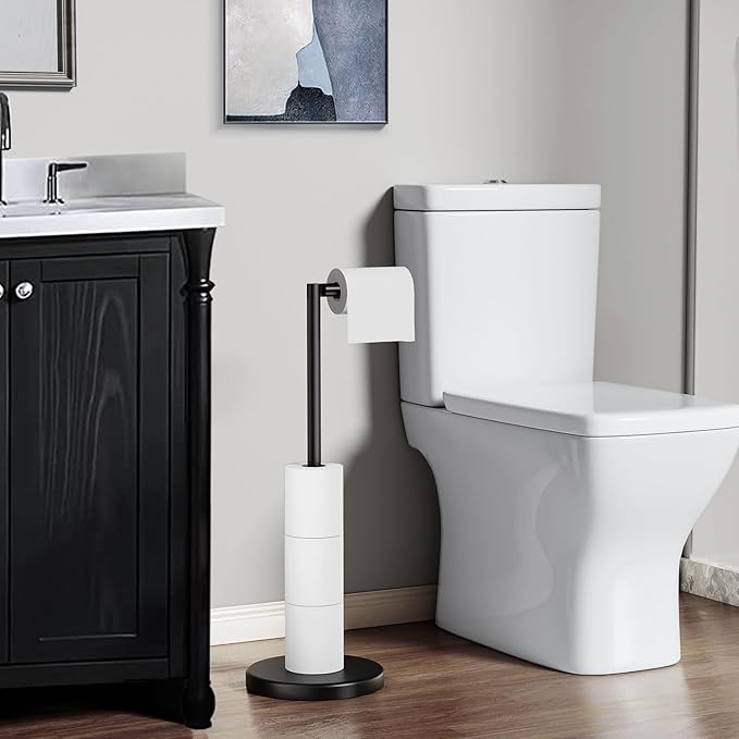 Matte Black Toilet Paper Holder Stand, 22.2" H Bathroom Free Standing Toilet Paper Roll Holder Storage Shelf for 4 Rolls, Stainless Steel Toilet Paper Holders with Non-Slip Stable Base