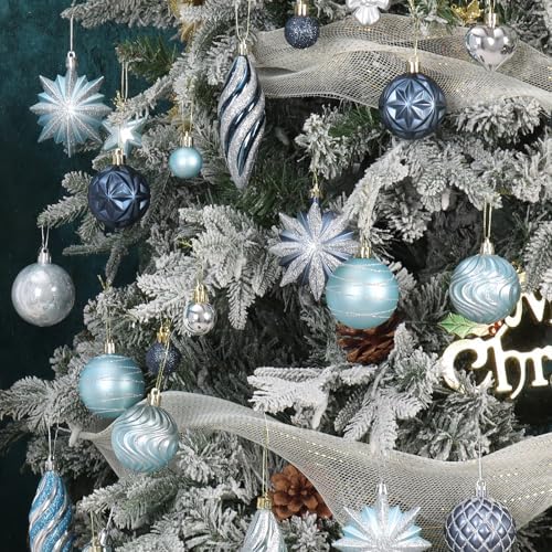 82Pcs Blue and Silver Christmas Ornaments Set, Shatterproof Christmas Decorations for Tree Assorted Plastic Craft Baubles Snowflake Ball Ornaments for Holiday Xmas Party Decor (Blue & Silver)