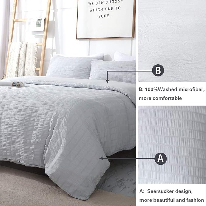 AveLom Light Gray Duvet Cover Full(80 x 90 inches), 3 Pieces (1 Duvet Cover, 2 Pillow Cases),Seersucker Tripe Soft Washed Microfiber Textured Duvet Cover Set with Zipper Closure, Corner Ties