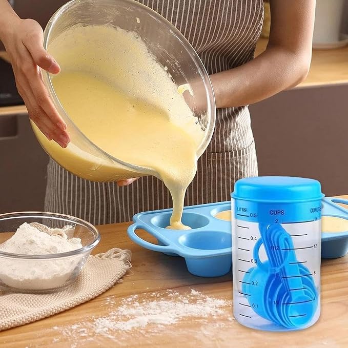 7 Piece Kitchen Measuring Tool, Plastic Measuring Cup Measuring Spoon with Scale Scale Set Plastic Measuring Cup Set Kitchen Tool, Nesting Measuring Cups Measuring Cups, for Cooking (Blue)