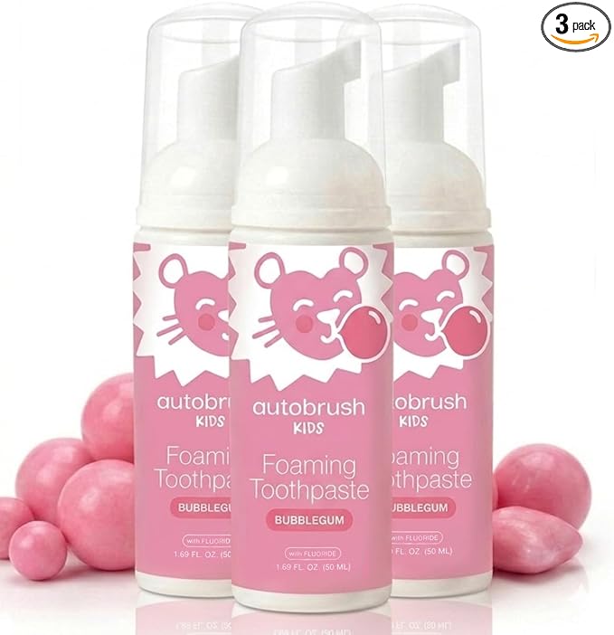 Autobrush Fluoride Foaming Toothpaste for Kids, Bubblegum Flavor, Whitening & Deep Cleaning, Travel Friendly, Anti-Cavity (Pack of 3)
