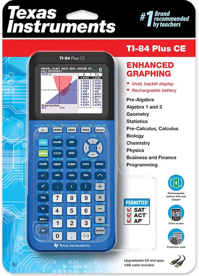 Texas Instruments TI-84 Plus CE Graphing Calculator, Bionic Blue | Color Screen, Built-in Apps, Included Software, Test-Permitted, for Math, Science and Finance | Signature Series Bundle