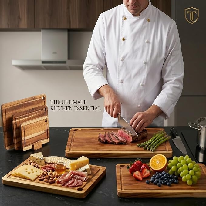 24”×18” Teak Wood Cutting Board for Kitchen, Knife-Friendly Chopping Boards with Juice Grooves & Storage Stand, Heavy Duty Wooden Boards for Meat, Fruit & Cheese, Ideal Housewarming Gift