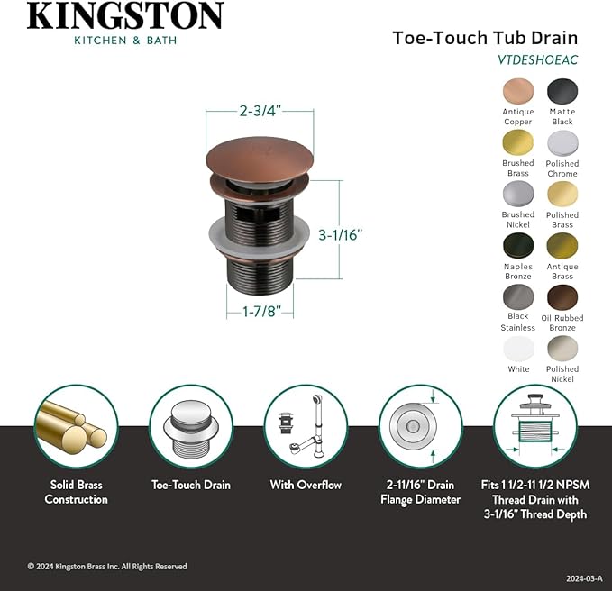 Kingston VTDESHOEAC Toe-Touch Tub Drain with Overflow, Antique Copper
