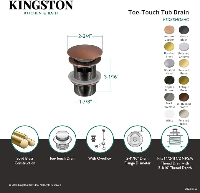 Kingston Brass VTDESHOENB Trimscape Tub Drain Shoe, Naples Bronze, 2.75 x 2.75 x 3.06 | Trimscape collection; Fabricated from solid brass for reliability; Toe touch drain for easy operation
