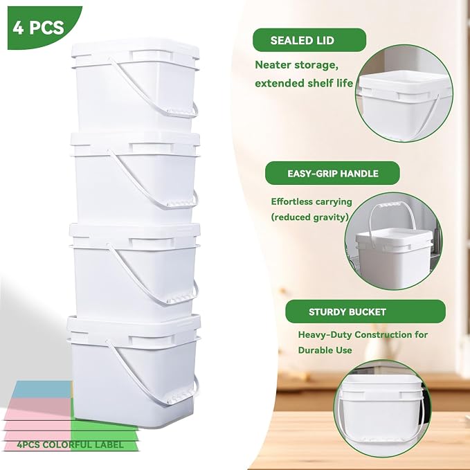 Square Clear Plastic Bucket Set - 4 Packs Airtight Storage Containers with Pressure Lids & Handle, Food Grade for Home & Outdoor (White, 1.3 gal)
