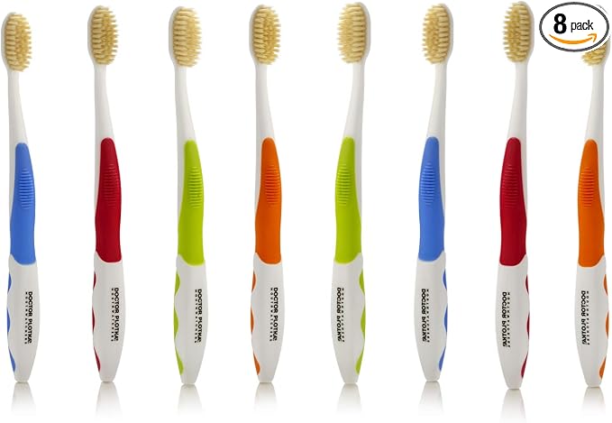 MOUTHWATCHERS Soft Flossing Manual Toothbrush, Adults, Pack of 8, Assorted | Floss-Tip Bristles for Sensitive Teeth and Gums, Soft Manual Brush, Deep Clean, BPA Free, Dr Plotka Design