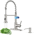 LUFEIDRA Kitchen Faucet with Pull Down Sprayer and Soap Dispenser, High Arc Spring 304 Stainless Steel Single Handle 1 or 3 Hole 2 Mode for Farmhouse RV Camper Laundry Bar Pot Filler (Brushed Nickel)