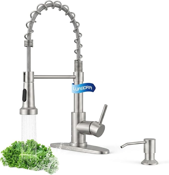 LUFEIDRA Kitchen Faucet with Pull Down Sprayer and Soap Dispenser, High Arc Spring 304 Stainless Steel Single Handle 1 or 3 Hole 2 Mode for Farmhouse RV Camper Laundry Bar Pot Filler (Brushed Nickel)