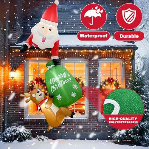 OurWarm 8FT Hanging Christmas Inflatable Outdoor Decoration, Climbing Santa Claus Inflatable with Reindeer Persent Bag, Christmas Blow Ups Outdoor Built-in LED Lights for Xmas Yard Trees Windows Eaves