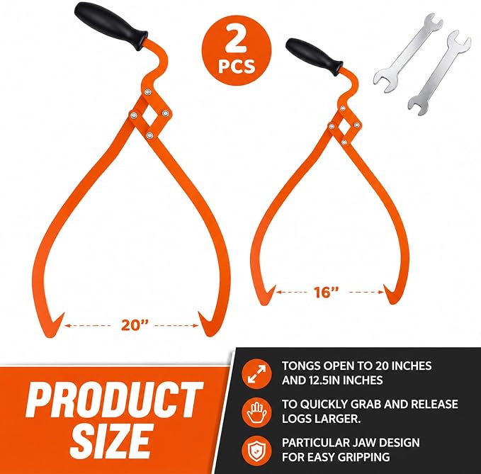 Blulu 2 Pcs 20 Inch, 16 Inch 2 Claw Log Tongs Logging Skidding Tongs with Non Slip Grip Stainless Steel Hand Log Grapple Lifter Handling, Dragging, Carrying Tool for Moving Wood Trees