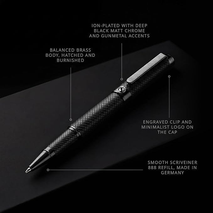 Scriveiner All Black Rollerball Pen - Stunning Luxury All Metal Matt Black Pen, Schmidt Ink Refill, Best Roller Ball Gift Set for Men & Women, Professional, Executive Office, Nice Pens