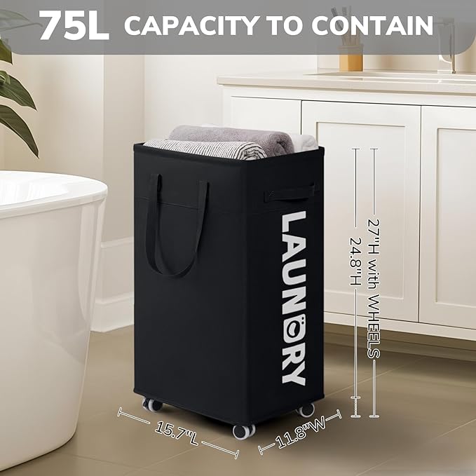 CHICVITA Laundry Hamper with Wheels & Removable Wash Bags -2 Pack, 75L Tall Laundry Basket for Dorms, Large Collapsible Hamper for Corner Spaces - Black