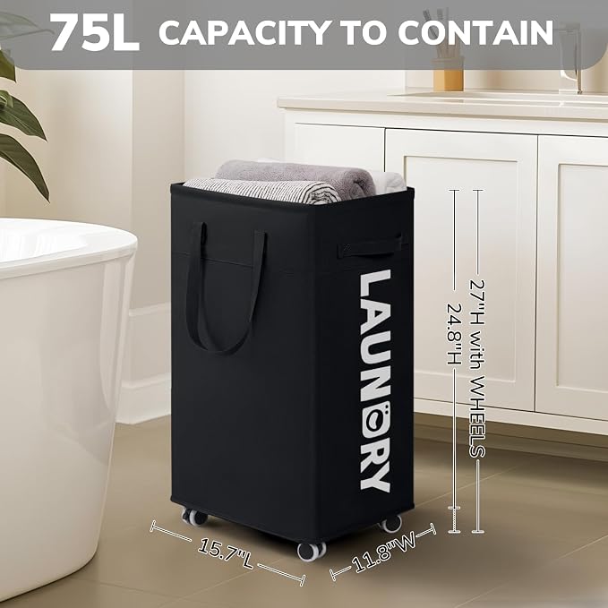 Goodpick Laundry Basket with Wheels, 2-Pack 75L Rolling Laundry Hamper with Removable Wash Bags, Collapsible Laundry Basket for Corner Dorm, Black