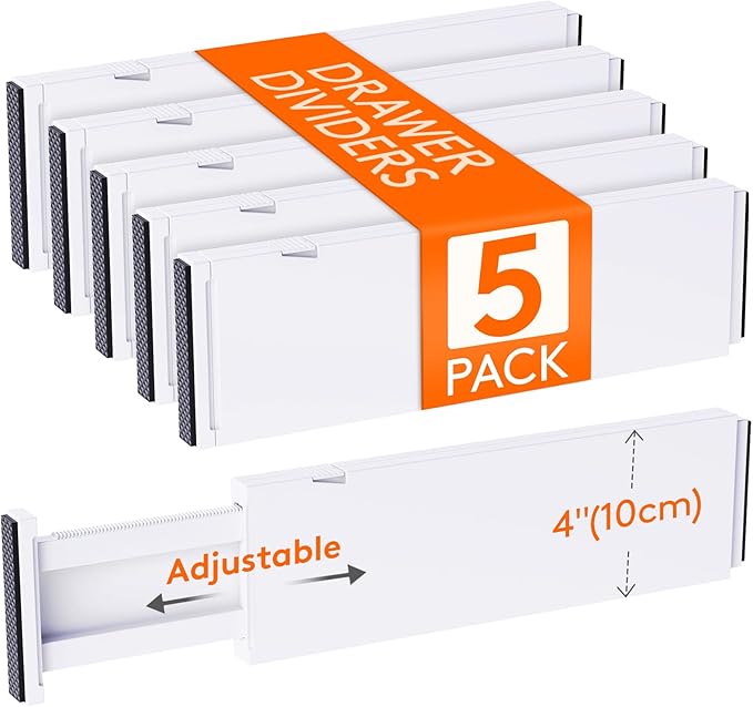 Lifewit 5 Pack 4" High Drawer Dividers 34-56cm/13.5-22" Adjustable Drawer Organizer for Clothes/Utensils, Expandable Drawer Separator in Dresser/Kitchen/Bedroom/Office Organization & Storage White