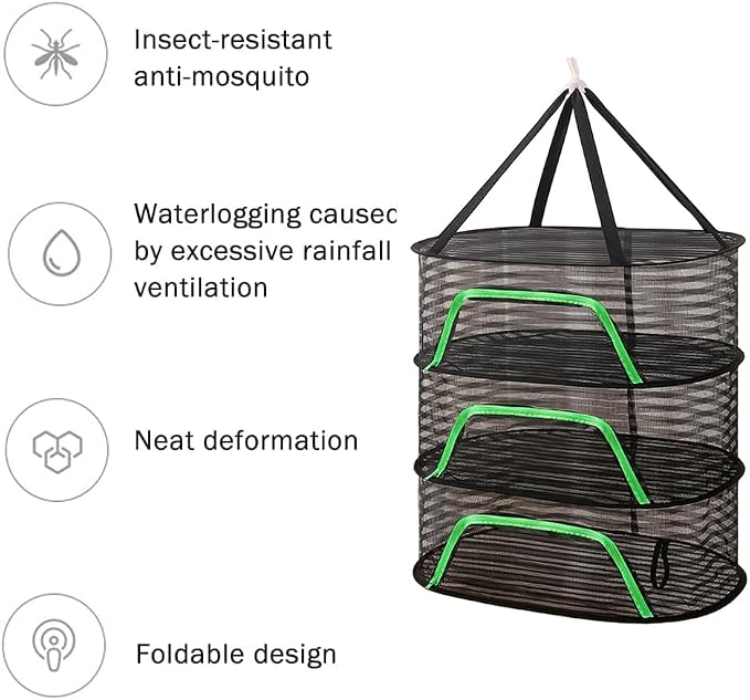 Foldable Drying Net for Vegetables, Fish, and Dehydrated Goods, Multi-Tiered Food Drying Net, Versatile Drying Rack, Windproof Design, Zipper Closure for Insect Protection 3Layer Black