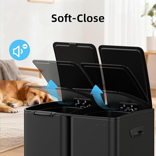 mVm 3 Compartment Kitchen Trash Can, 16 Gal Black Triple Trash Can, Heavy Duty Stainless Steel Garbage Can Anti Fingerprint Recycling Bin for Office