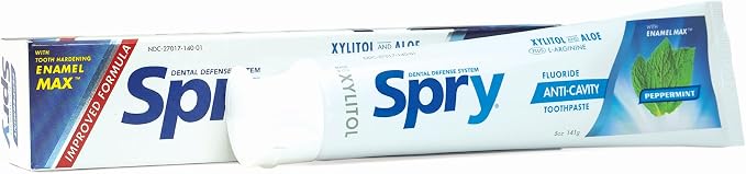 Spry Natural Xylitol Toothpaste 5oz for Adults and Kids with Fluoride, Gentle for Sensitive Teeth Whitening and Remineralizing, Breath Freshening, Mouth Moisturizing, Peppermint (Pack of 1)