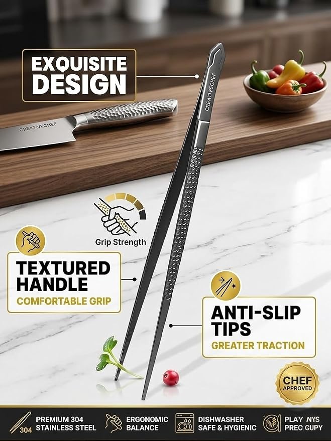 CREATIVECHEF Chef Tweezer Tongs, Professional Kitchen Tweezers, Precision Tweezer Tongs for Cooking, BBQ, Plating, Stainless Steel, Black (5)