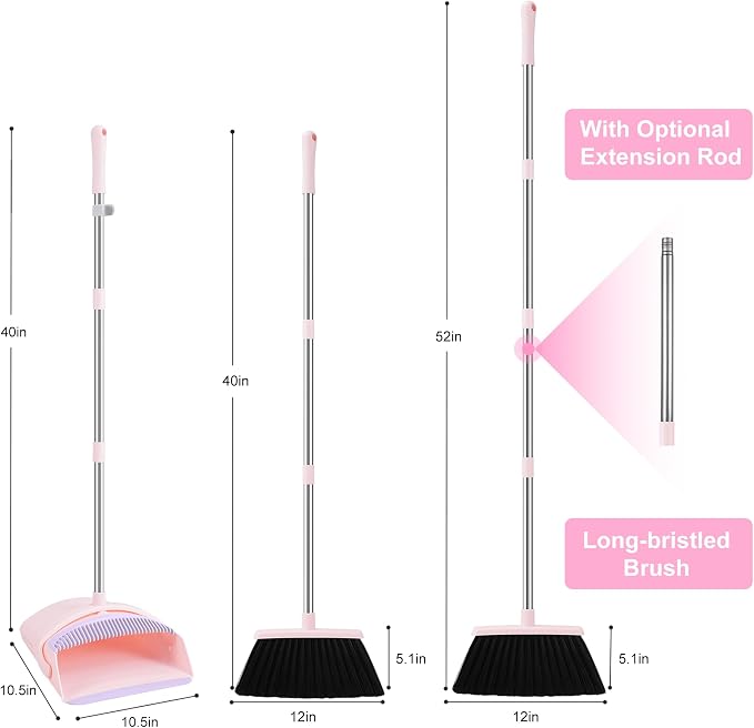 BSKLIN Broom and Dustpan Set, 52” Long Adjustable Handle Broom with Dustpan Combo Set with Dust Pan Teeth to Clean Hair for Home Lobby Office Kitchen (Small-Pink-Purple)