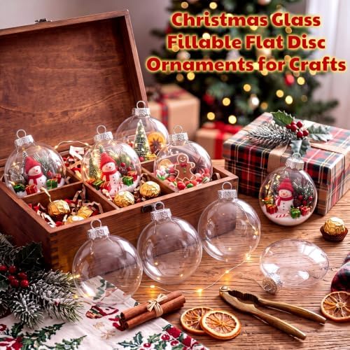 Liliful 24 Pcs Christmas Clear Glass Ornaments Fillable Flat Ball 3.94 Inch for Crafts DIY Craft Fillable Glass Ornament Balls Disc Bulbs for Christmas Tree Party Wedding Home Decor