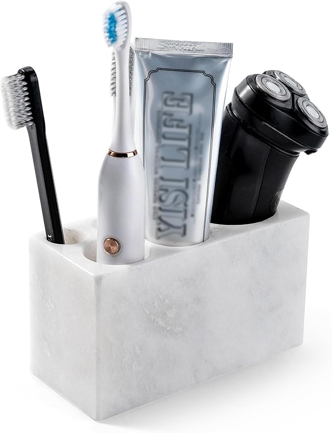 BCS Toothbrush Holder for Bathrooms, 6 Slots Open-Bottom Marble Toothbrush Organizer, Makeup Brush Stand Toothbrush Storage Collection for Bathroom Countertop Vanity Organization - Namib Bianco